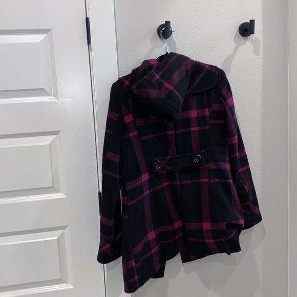 EUC Steve Madden Size L Large Plaid Hooded Pea Coat Jacket With Toggles Pockets - Picture 12 of 13